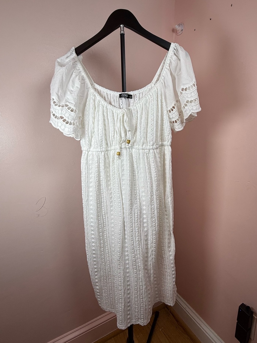 Cottagecore White Embroidered Midi Dress with Puff Sleeves